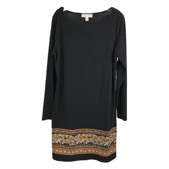 Michael Michael Kors Dress Womens L Black Gold Floral Long Sleeves Scoop Neck - Picture 1 of 8